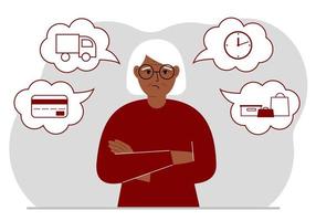 Ordering and delivery process concepts. Sad grandmother and steps of a delivery order. Payment, delivery car, waiting hours and goods and purchases. Vector flat illustration