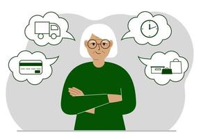 Ordering and delivery process concepts. Happy grandmother and steps of a delivery order. Payment, delivery car, waiting hours and goods and purchases. Vector flat illustration