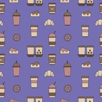 Seamless texture from coffee cups, donuts and croissants, pattern, abstract background, wallpaper vector