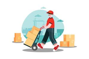 Caucasian deliveryman wheeling trolley with carton boxes vector