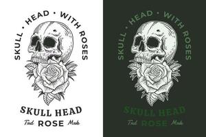 Set Skull Rose Dark illustration Beast Skull Bones Head Hand drawn Hatching Outline Symbol Tattoo Merchandise T-shirt Merch vintage vector