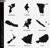 colección de mapas negros, mapas de contorno negros del mundo. vector