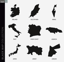 Black map collection, black contour maps of World. vector