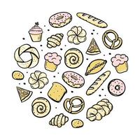 A hand-drawn set of bakery items elements bretzel croissant bread donut baguette Vector in the style of a doodle sketch. For cafe and bakery menus