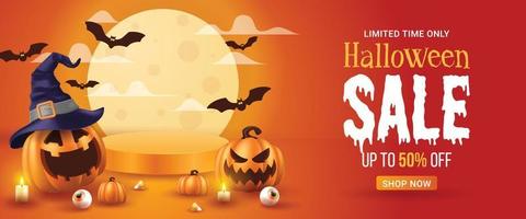 banner de venta de feliz halloween. ilustración vectorial de halloween con calabazas de halloween y elementos de halloween. vector