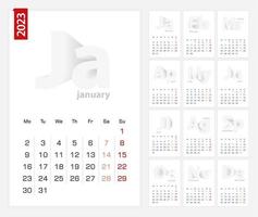 Calendar 2023 template, minimalist calendar set for 2023 year. vector