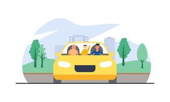 Happy family travelling by car illustration. Travel, road trip, transportation concept vector