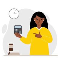 A sad woman holds a digital calculator in his hand and gestures, pointing with the finger of his other hand to the calculator. Vector flat illustration