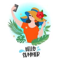 Hello summer. The girl in the hat takes a selfie. Vector illustration.