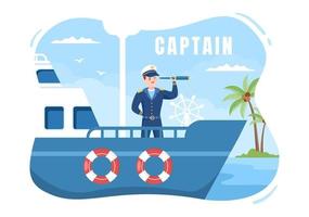 hombre capitán de crucero ilustración de dibujos animados en uniforme de marinero montando un barco, mirando con binoculares o parado en el puerto en diseño plano vector