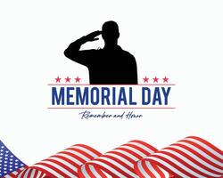 Memorial Day - Remember and Honor Poster. USA memorial day celebration. American national holiday. Salute and honor with text, Waving us flag on white background. Vector Illustration