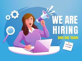 Woman announce jobs with megaphone recruiting to join the announcement team vector