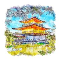 Kinkakuji Temple Japan Watercolor sketch hand drawn illustration vector