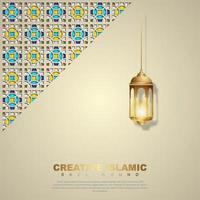 Islamic design greeting card background template with ornamental colorful of mosaic and islamic lantern. Islamic Vector