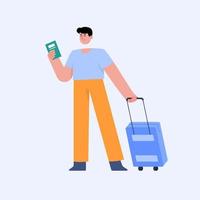 Man travelling holding passport and suitcase vector