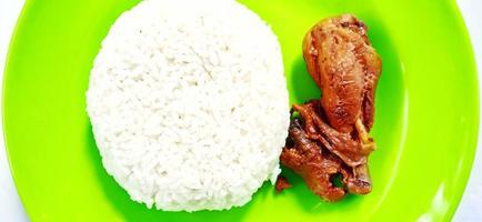 Rice and chicken with sweet soy sauces under green plate background. Food ingredient background design. Suitable for advertising of food, drink, poster, backdrop, food company and industry. photo