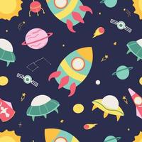 A pattern with space planets, spaceships, constellations, stars, UFOs. The universe and the galaxy vector