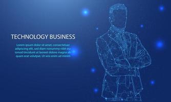 Abstract man portrait by high tech businessman on polygon from dotted lines and dark background blue line shapes. vector