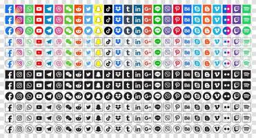 Set popular social media icons. Facebook, instagram, twitter, youtube, pinterest, behance, google, linkedin, whatsap, snapchat and many more. Editorial vector illustration