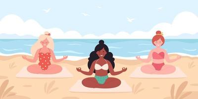 mujeres meditando en la playa. hola verano, ocio de verano, vacaciones. estilo de vida saludable, cuidado personal, yoga, meditación vector