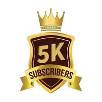 Royal 5k subscriber celebration badge with golden color ribbon and king crown on white background, Dark and golden color shade with king crown ribbon, 5k subscriber special golden badge. vector