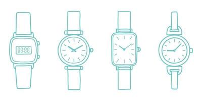 Doodle watch set, blue color vector illustration