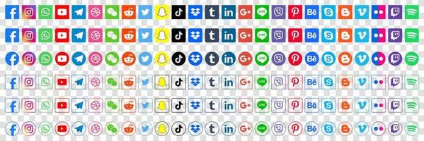 Set popular social media icons. Facebook, instagram, twitter, youtube, pinterest, behance, google, linkedin, whatsap, snapchat and many more. Editorial vector illustration