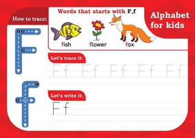 worksheet Letter F, Alphabet tracing practice Letter F. Letter F uppercase and lowercase tracing with Fish, Flower and Fox. Handwriting exercise for kids - Printable worksheet. vector