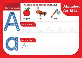 worksheet Letter A, Alphabet tracing practice Letter A. Letter A uppercase and lowercase tracing with Apple, ant and Axe. Handwriting exercise for kids - Printable worksheet. vector