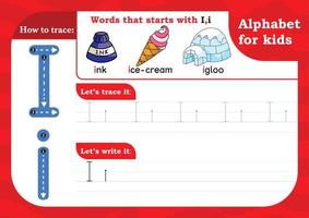 worksheet Letter I, Alphabet tracing practice Letter I. Letter I uppercase and lowercase tracing with Ink, Igloo and Ice-cream. Handwriting exercise for kids - Printable worksheet. vector