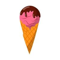 ilustración de un cono de gofre de helado vertido con chocolate. vector aislado en un fondo blanco.