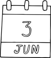 calendario dibujado a mano en estilo garabato. 3 de junio. día mundial de la bicicleta, fecha. elemento para el diseño. planificación, vacaciones de negocios vector