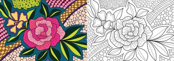 Decorative floral henna design style detailed coloring book page illustration