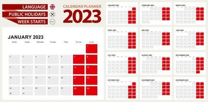 2023 Calendar Planner Design. Week starts from Monday vector