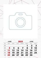 plantilla de planificador de calendario de pared para junio de 2023, la semana comienza el domingo. vector