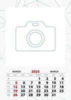 Wall calendar planner template for March 2023, week starts on sunday. vector