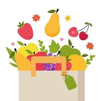 Grocery purchases, paper bag full of fruits. Grocery store. Cartoons style vector. Delivery of products from store. Healthy organic natural food. Modern flat cute vector illustration