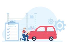 la inspección de automóviles de la estación detecta fallas, elabora una lista de verificación de todas las averías, repara y analiza el transporte en una ilustración plana de dibujos animados vector