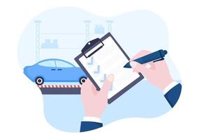 Car Inspection of The Station Detects Faults, Draws up a Checklist of All Breakdowns, Repair and Analysis Transport in Flat Cartoon Illustration vector