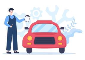 Car Inspection of The Station Detects Faults, Draws up a Checklist of All Breakdowns, Repair and Analysis Transport in Flat Cartoon Illustration vector