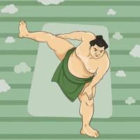 Sumo Wrestler standing in an aggressive stance with one leg up. Big Tall Huge Angry Man. Japanese Sport. vector