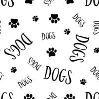 Cute seamless dog pattern with paws and text on white background. Doodle vector illustration. Cute seamless pattern for kids print