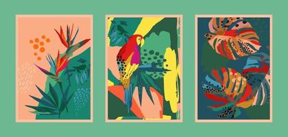 Set of art prints with abstract tropical nature. Fresh and bright colors. Modern vector design for posters, cards, cover packaging and more