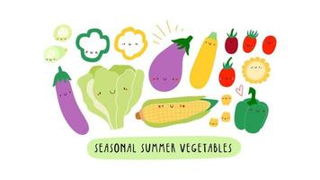 ilustración super linda - verduras de verano de temporada. colección dibujada a mano de diferentes verduras con caras sonrientes. conjunto de caracteres de alimentos saludables vector