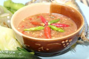 Shrimp paste and mackerel chili paste is a Thai food with sour and spicy taste. And sweet to eat with fresh vegetables and boiled vegetables is a healthy food that Thai people like to consume. photo