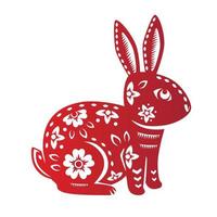 signo del zodiaco, año del conejo, con arte cortado en papel rojo sobre fondo de color blanco vector