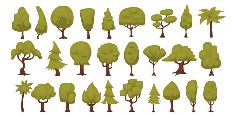 Hand drawn set of Forest Tree Nature Plant Objects Elements,  Vector illustration set with different shapes, eco foliage. Healthy lifestyle topic. Jungle tropical Green.