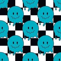 Funny smile dope faces seamless pattern. psychedelic surreal techno melt smile background. Trippy faces, techno, melting smile face cartoon background wallpaper concept art. Y2K aesthetic vector