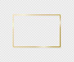 Golden border frame with light shadow and light affects. Gold decoration in minimal style. Graphic metal foil element in geometric thin line rectangle shape. Vector EPS 10.