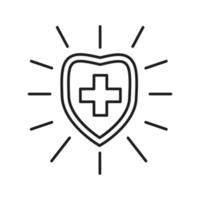 Isolated vector dark grey icon shield with a cross on the white background. Line art pictogram for game, design and illustrations